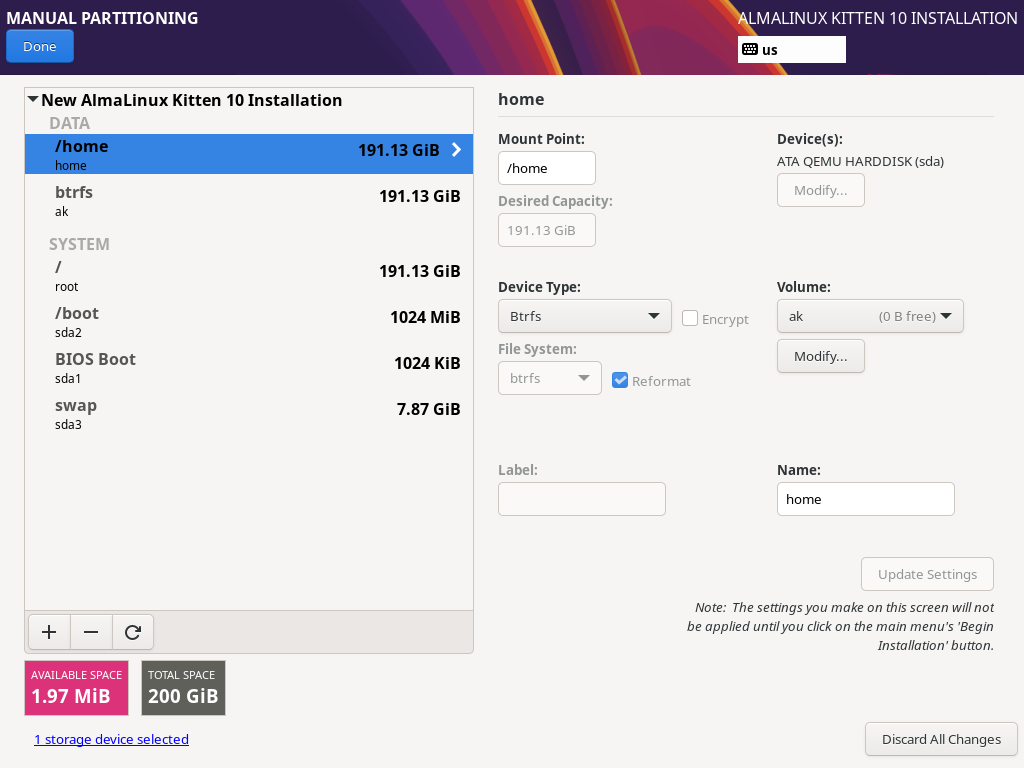 Customizing Btrfs filesystem mountpoints during the AlmaLinux installation